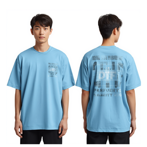 Camiseta de Verano 2026 con Nuevo Diseño para Hombre, Color Azul Cielo, Estampado DTF, Gráfico de Cuadrícula Futurista, Estilo Urbano Holgado, de Algodón - Product Image 2