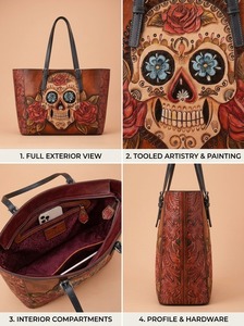 Sac fourre-tout d'été bohème en cuir véritable à imprimé rose et crâne, grande capacité, avec deux sangles, bandoulière, pour femme, pour le quotidien et les voyages, avec boucle - Product Image 3