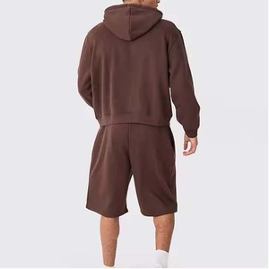 Conjunto de Sudadera con Capucha y Cremallera Marrón para Hombre, Pantalones Cortos Casuales de Felpa Francesa de Algodón, Ropa de Otoño - Product Image 4