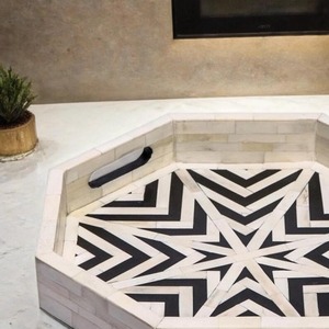 Luxury <b>Round</b> Wooden Decorative Tray with Black and <b>White</b> Floral Inlay Design Perfect for Jewelry Storage <b>Dining</b> and Home Decor - Product Image 3