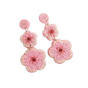 Pink Flower Beaded Earrings for Women Patriotic <b>Memorial</b> Day Orange White Blue Colour Fabric Material - Product Image 1