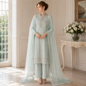 Women's <b>Mint</b> Green Premium Chiffon Formal 3-Piece Salwar Kameez Set Hand Embellishment Wrinkle-Free All Seasons Pakistan Indian - Product Image 2
