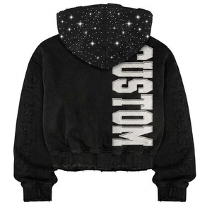Sudadera con Capucha Negra Personalizada con Gráficos de Diamantes de Imitación y Estampado de Manos en Oración, Diseño Elegante de Ropa Urbana para Unisex - Product Image 2