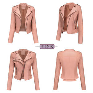 Veste en cuir pour femme rose Moto Biker Style Punk Slim Fit Rivets revers col asymétrique fermeture éclair doublure en Viscose prêt à porter - Product Image 5