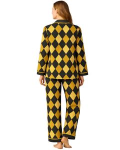 Ensemble de pyjama pour femmes personnalisé noir et jaune à motif Argyle, manches longues, boutonné, vêtements de nuit en coton doux, ensemble de détente deux pièces - Product Image 2