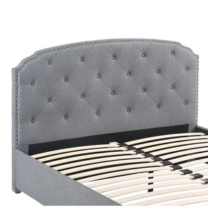 Letto singolo imbottito con testiera trapuntata a bottoni e contenitore, in tessuto di tela grigio chiaro, 1 pezzo - Product Image 3