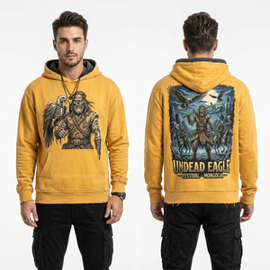 Sweat à capuche jaune délavé vintage personnalisé, motif aigle mongol, streetwear, en molleton épais, coupe oversize, fabricant - Product Image 1
