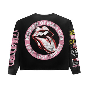 Men's Black Long Sleeve <b>Crop</b> T-<b>Shirt</b> With Pink Tongue Print Street Style O-Neck Jersey Fabric Regular Fit - Product Image 1