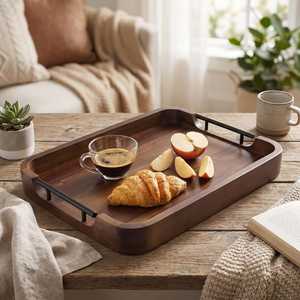 Wooden Rectangle Serving Tray With Handles Rustic Design For Breakfast Dining <b>Table</b> Use Handcrafted Wood Decorative Tray - Product Image 4