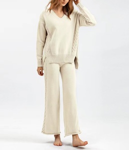 Women's Knitted V-Neck <b>Sweater</b> <b>Set</b> Full Length Loose Fit 2 Piece Solid Color Winter Casual Wear Anti-Pilling Acrylic Material - Product Image 1