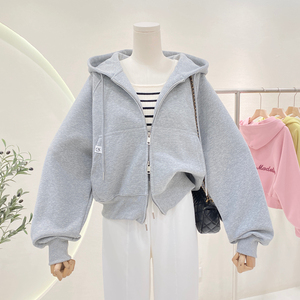 เสื้อฮู้ดซิปผู้หญิงทรงโอเวอร์ไซส์ สีพื้น ไหล่ตก ความยาวสั้น ผ้าถักผสมคอตตอน สไตล์ลำลองสำหรับฤดูใบไม้ร่วง - Product Image 1