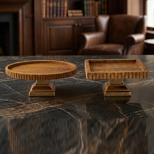 Luxury Wood & Metal <b>Serving</b> Tray <b>Set</b> Round And Square Shape Wooden Platter On A Gold Pedestal Perfect For <b>Serving</b> Events - Product Image 1