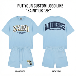 ชุดเสื้อยืดและกางเกงขาสั้นผ้าฝ้ายเฟรนช์เทอร์รี่เนื้อหนัก 320 GSM สีฟ้าพรีเมียม พร้อมโลโก้ตัวอักษรเชนิลล์แบบกำหนดเอง - Product Image 1