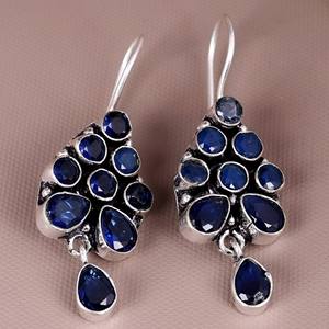 Boucles d'oreilles pendantes en laiton plaqué argent avec onyx bleu, faites à la main, pierres précieuses facettées, style bohème, pour femme - Product Image 5