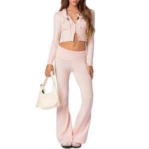 Conjunto de chándal sexy de 2 piezas para mujer, con lavado ácido personalizado y efecto desgastado, de felpa francesa, con sudadera corta con cremallera y pantalón acampanado - Product Image 3