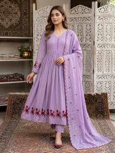 Designer Embroidery And Sequence Pipe Work Mul Chanderi <b>Gown</b> With Bottom And Dupatta Fully Stitched Ready To Wear Set - Product Image 2