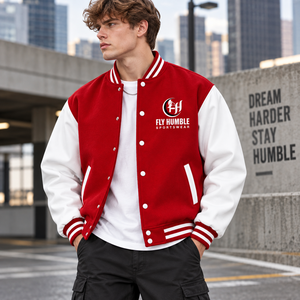Fly Humble Men's Varsity <b>Jacket</b> Red <b>White</b> Embroidered Logo reppy Style Autumn Wear Red <b>white</b> embroidered varsity <b>jacket</b> - Product Image 4