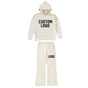 Ensemble de survêtement personnalisé avec logo, unisexe, couleur crème, à capuche, manches longues, pantalon à cordon, 100% coton, vêtements décontractés pour l'automne - Product Image 3