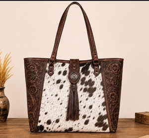 Hot selling Latest Cowhide Leather Hand Tooling Carving Handbag Tote Bag Light Brown Pattern Hide Tote with Leather Tooled Bag - Product Image 5