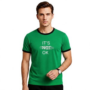 Men's <b>Navy</b> Blue O-Neck Short Sleeve T-Shirt Contrast Trim 'It's Not Ok' Print 100% Cotton Regular Fit Silk Screen Printed - Product Image 4