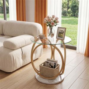 Modern 2-Tier Gold and <b>White</b> <b>Round</b> End <b>Table</b> Tempered Glass Top with Faux Marble Base Coffee <b>Tables</b> - Product Image 6