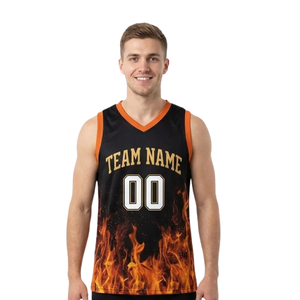 Conjunto de Uniforme de Baloncesto para Hombre, 100% Poliéster, Absorbente de Humedad, Estampado de Llamas, Camiseta sin Mangas con Cuello en V, Pantalones Cortos Ajustados Lisos, Nombre del Equipo - Product Image 3