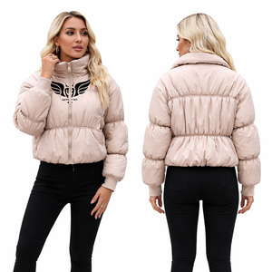 Women Cropped Puffer Jacket Beige Winter Warm Hoodless Bubble Jacket Elastic Waist Streetwear Outerwear - Product Image 1
