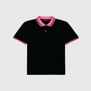 Polo de algodón negro para hombre con cuello y ribete de manga rosa, estilo casual de manga corta, tejido de punto piqué - Product Image 4