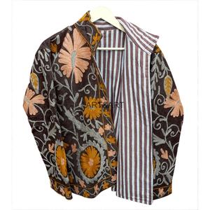 Red Floral Hand Embroidery Eco-Friendly Breathable Quick Dry Jacket Mandarin Collar Quilted <b>Coat</b> 100% Cotrise <b>Women's</b> Jacket - Product Image 3