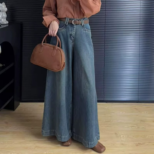 กางเกงยีนส์ขาตรงเอวสูงสไตล์เรโทรใหม่สำหรับผู้หญิง ใส่ได้หลากหลาย ทรงหลวม ขากว้าง ยาวคลุมเท้า - Product Image 1