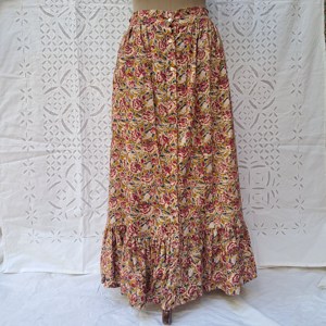 Rose Floral Block Print Cotton Womens Full Length Tiered <b>Skirt</b> Smocked Waist Button Front Ruffle Hem Mustard <b>Boho</b> Handcrafted - Product Image 3