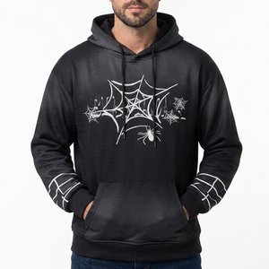 Sweat-shirt à capuche noir pour homme avec logo personnalisé, imprimé toile d'araignée blanche, en coton tricoté, décontracté, pour l'automne, avec poche avant pour logo - Product Image 1