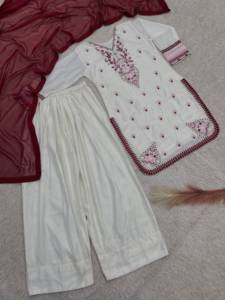 <b>Women's</b> <b>White</b> Embroidered Silk Anarkali <b>Suit</b> Palazzo Pants Maroon Dupatta Indian Pakistani Ethnic Wear Shreeji Fashion Quick Dry - Product Image 2