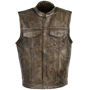 <b>Men's</b> Plus Size <b>Leather</b> Moto Biker <b>Vest</b> with Turn-down Collar and Pockets Washed Solid Color Breathable Winter Outerwear - Product Image 1