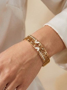 Gold Plated Stainless Steel Open Cuff <b>Bangle</b> Heart Cutout Bezel Set Cubic Zircon Women's Geometric Bracelet Gift - Product Image 4