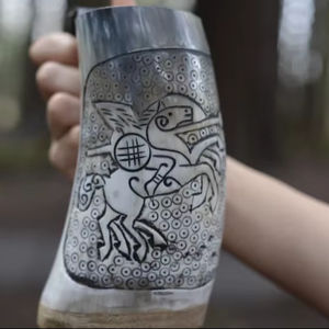 Hand Carved Cute Ox Horn <b>Mug</b> Solid Design Party Hiking Ready Norse Warrior Wooden Base Free Personalization World Craft Impex - Product Image 1