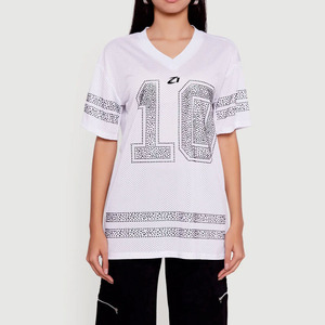 Women’s Luxury Black Rhinestone Mesh Football Jersey Custom Oversized V Neck Sports Top Private Label Apparel Manufacturer USA - Product Image 6