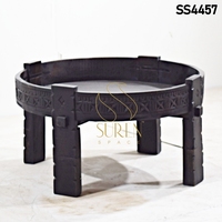 Table basse ronde en bois massif sculptée à la main, style marocain antique, avec rangement, table d'appoint pour le salon