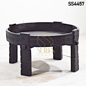 Mesa de Centro Redonda de Madera Maciza Tallada a Mano, Estilo Marroquí Antiguo, con Espacio de Almacenamiento, para Sala de Estar - Product Image 2