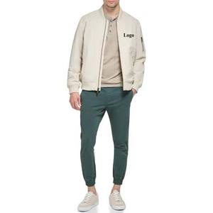 <b>Men's</b> <b>Cream</b> Bomber <b>Jacket</b> Stand Collar Zipper Closure Casual Style Polyester Solid Color Front Logo - Product Image 3