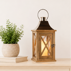 Farol de Madera Hecho a Mano, Farol Decorativo Estilo Rústico con Parte Superior de Metal de Cobre para Decoración del Hogar, Interior y Exterior - Product Image 2