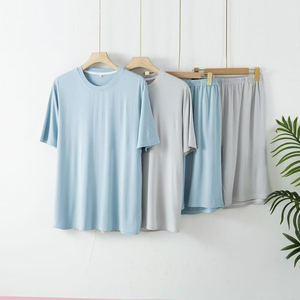 Men's <b>Light</b> Blue Short Sleeve Set Knitted Cotton Solid Color Casual Sleepwear Summer Breathable Soft Fabric Two Piece - Product Image 4