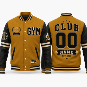 Gym Club Varsity <b>Jacket</b> Men's PU <b>Leather</b> Letterman <b>Jacket</b> with Patch Design and Embroidered Logo Autumn Wear - Product Image 1
