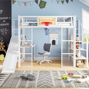 White <b>Full</b> Size Loft <b>Bed</b> with Built-in Desk Open Wardrobe Basketball Hoop Slide & Staircase-Kids' Furniture <b>Set</b> with 3.14 ETA - Product Image 2