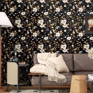 Carta da Parati Floreale Scura Adesiva Blu Navy/Foglia d'Oro, Carta Adesiva Vintage con Foglia d'Oro, Design Impermeabile Autoadesivo - Product Image 5