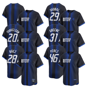 Uniformes de Béisbol Personalizados al por Mayor con Impresión Digital, Transpirables, con Botones, Rayas Negras y Azules, Nombre Personalizado - Product Image 1