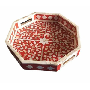 Bandeja de Servir Octogonal de Lujo con Incrustaciones de Hueso, Bandeja Decorativa Hecha a Mano con Resina Floral Roja para Mesa de Centro, Decoración del Hogar, Suministros para Hoteles - Product Image 1
