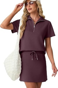 Women Purple Knitted Short Sleeve Zip Neck Drawstring Waist Scrub Dress Uniform <b>Top</b> - Product Image 4