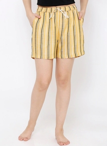 Shorts de Algodón Amarillo a Rayas para Mujer, Cintura Media, Cordón Ajustable, Casual, Transpirable, Tejido, Corte Regular, con Bolsillos - Product Image 4