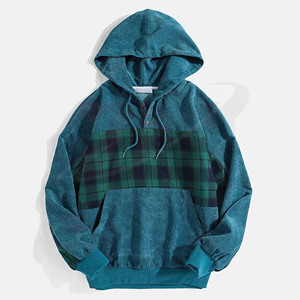 Sudadera con capucha de pana para hombre, estilo patchwork, informal, a cuadros, con capucha, estilo urbano, para otoño e invierno - Product Image 1